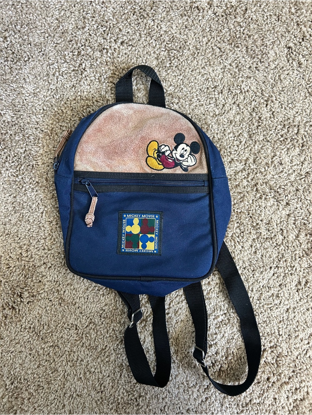 Vintage Disney Navy Blue and Tan Mickey Mouse Kids Backpack